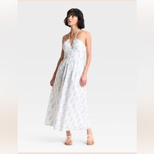 Elegant White and Blue Paisley Halter Dress